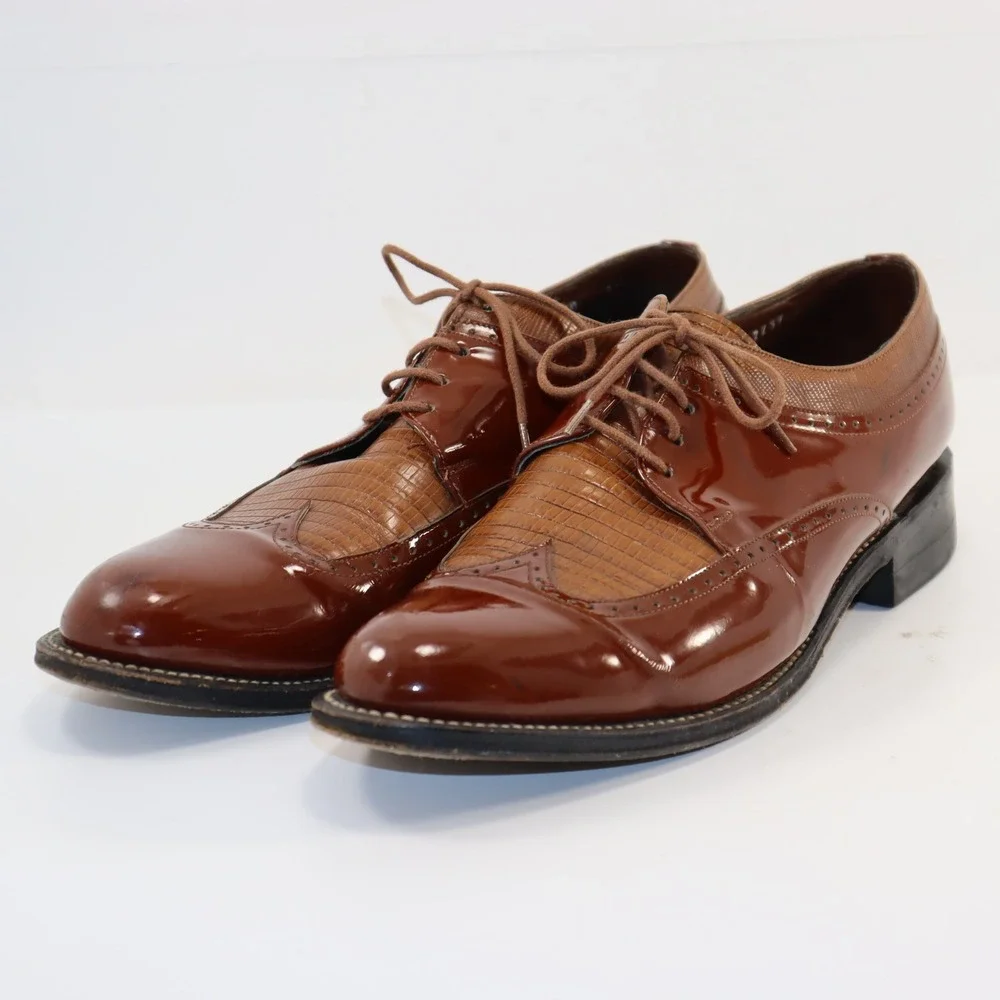 Stacy Baldwin Wingtip‎ Oxford Mens 11 Brown Patent Lizard Embossed Dress Shoes